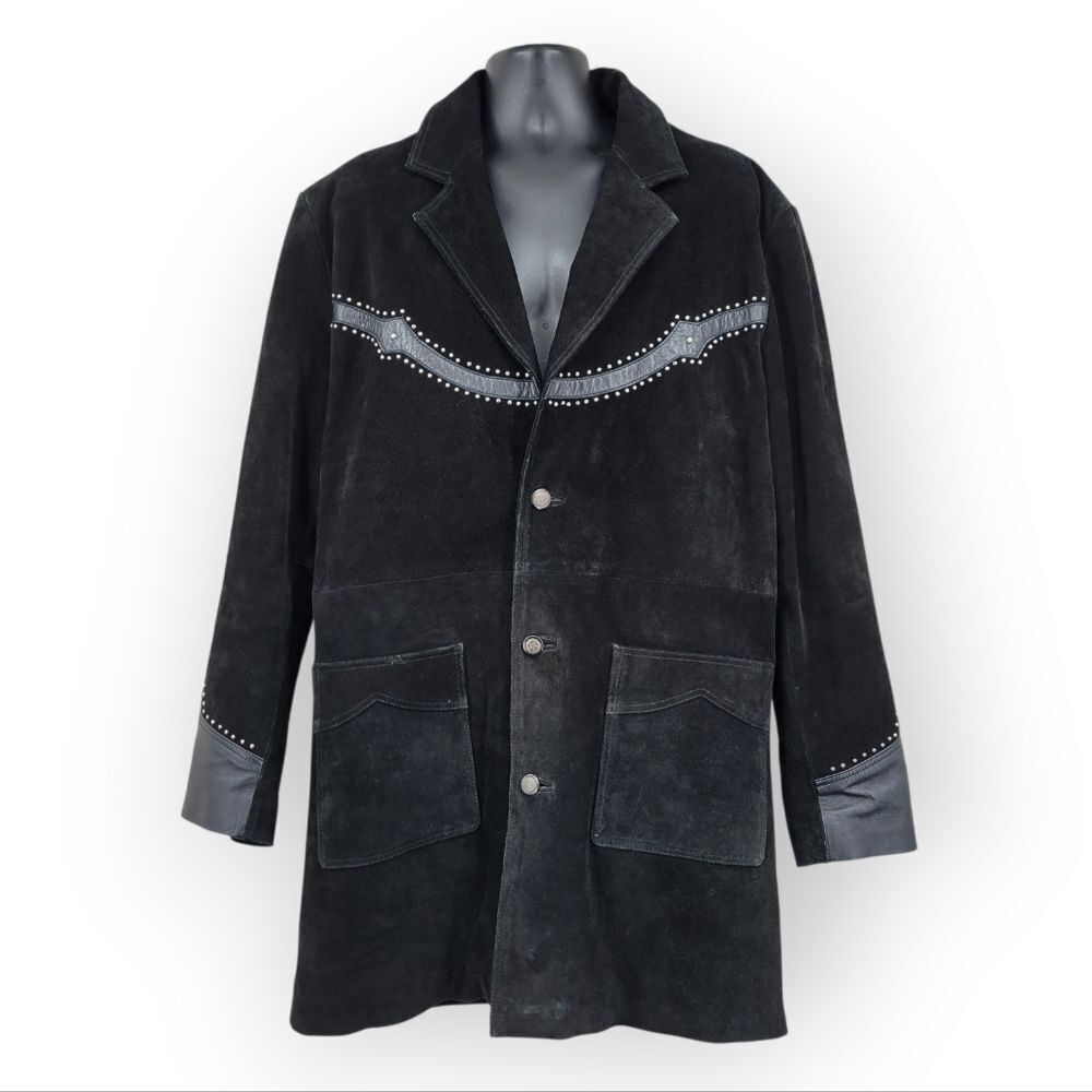 3B West Men's Black Suede and Leather Jacket with Studded Details Western